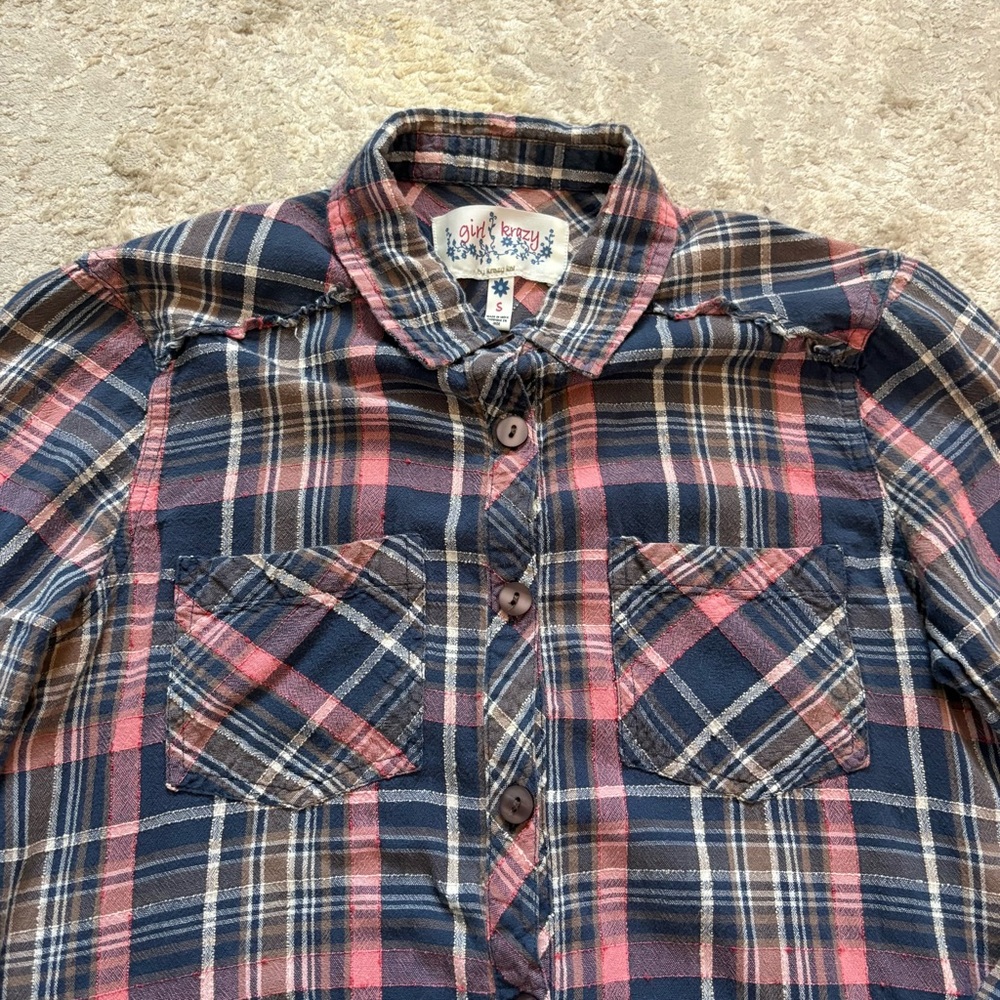 Girl Krazy Women’s Plaid Long Sleeve Button Down Raw Edge Shirt Size Small - Picture 10 of 16